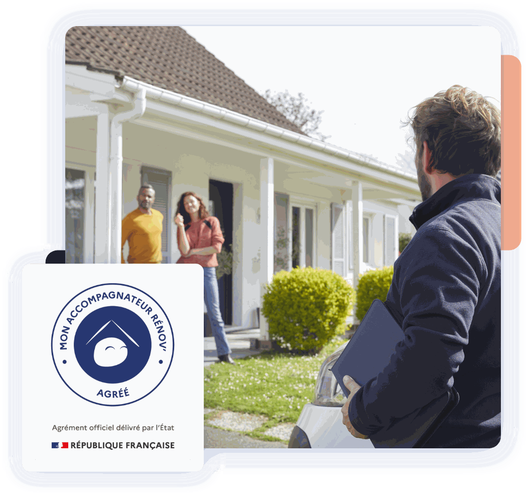 Un Mon Accompagnateur Rénov' agréé par l'État se rend chez un couple de propriétaires pour leur projet de rénovation